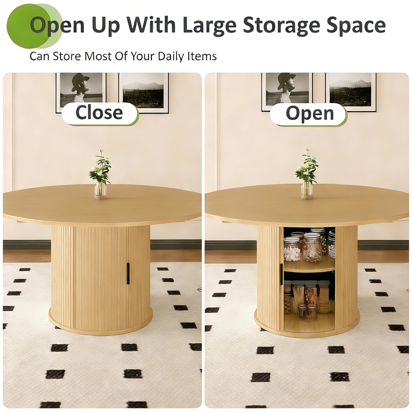 Wildhome Extendable Round Dining Table for 2-4-6, 59 Inch Dining Room Kitchen Table with 2-Tier Storage Shelf, Modern Farmhouse Fluted Wood Slide Door Dinner Furniture,Oval Circle,Oak