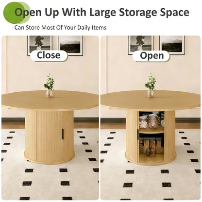 Wildhome Extendable Round Dining Table for 2-4-6, 59 Inch Dining Room Kitchen Table with 2-Tier Storage Shelf, Modern Farmhouse Fluted Wood Slide Door Dinner Furniture,Oval Circle,Oak