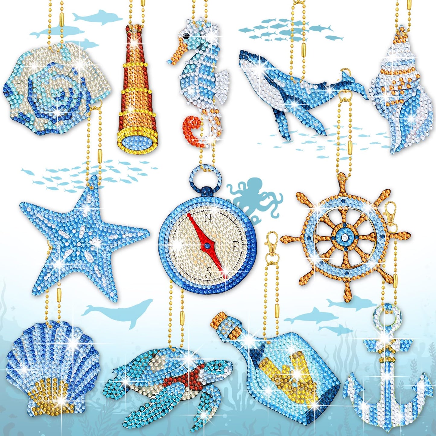 BBTO 15 Pcs Summer Ocean Diamond Painting Keychains Kits 5D DIY Summer Diamond Art Painting Keyrings Sea Animals Theme Key Chains for Beach Party Crafts Ornaments