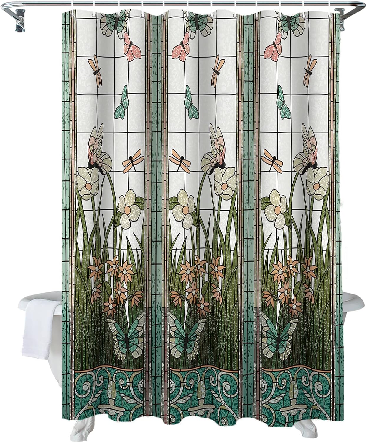 Extra Long Flower Dragonfly Waterproof Bathroom Fabric Shower Curtain 84 inch Bath Curtain