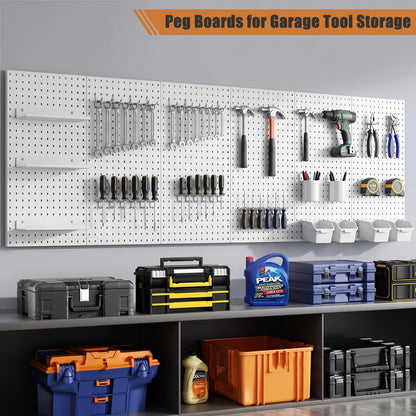 PBHEPJ 8 Pcs Metal Pegboard Panels, Heavy Duty Peg Boards for Garage and Garden Tool Storage, Includes Drywall Anchors and Screws Kits, White (8 pcs 16in x 12in)