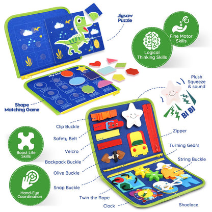 Toddler Sensory Busy Board: Travel Toy Activity Book for Girls Boys, Motor Skill Development Gift for Baby Aged 3-4 Years, Fine Educational Preschool Montessori Learning Toy for Car Airplane Dinosaur