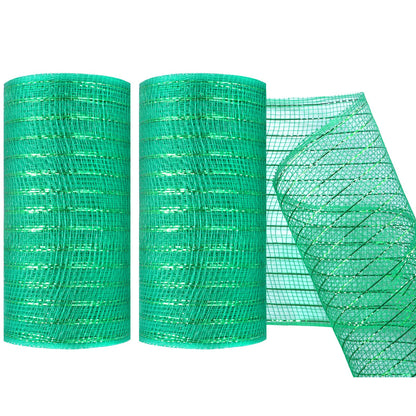 MIKIMIQI 2 Pack Deco Mesh 5.9 Inch x 30 Feet Decor Mesh Ribbon with Metallic Foil Deco Mesh Wreath Supplies Ribbons Mesh Roll for Spring Wreaths, Swags, Craft, Party Decoration (Green)