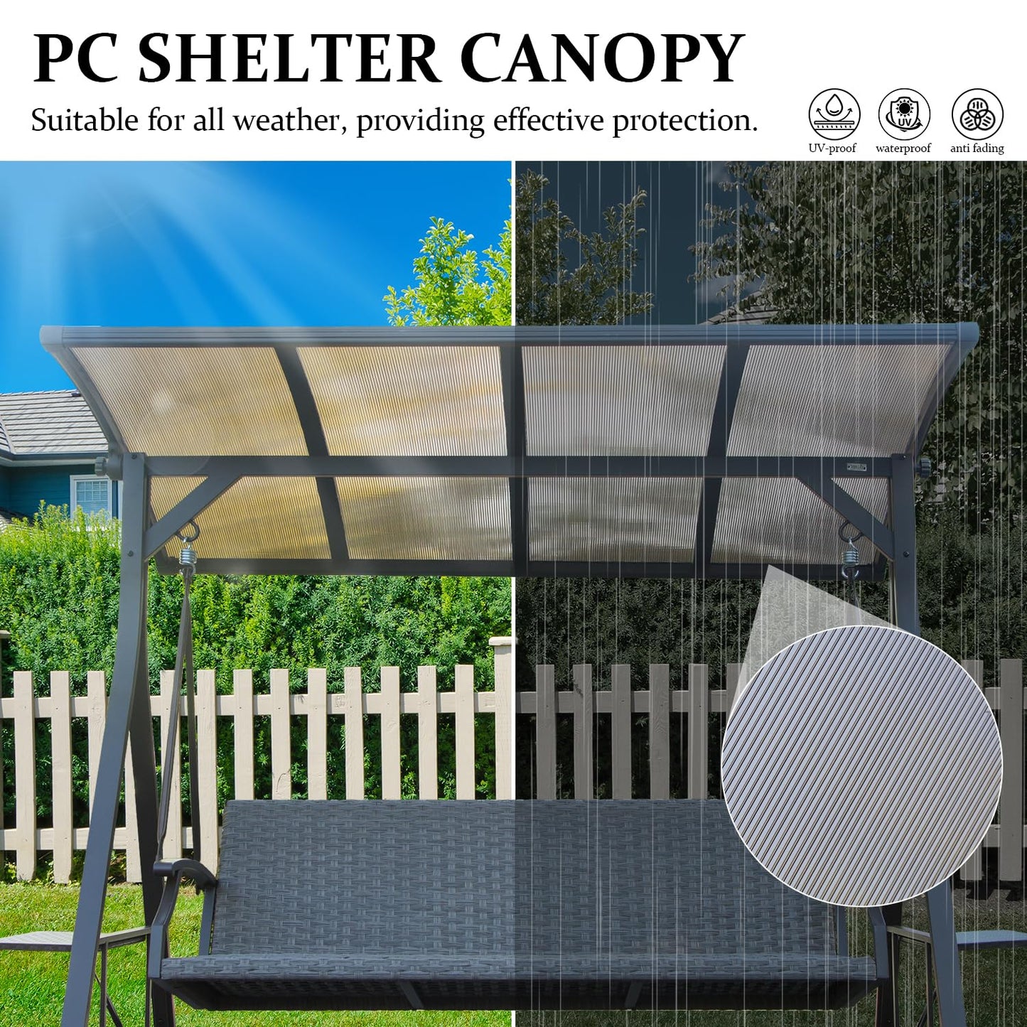 Domi 3-Seat Outdoor Porch Swing w/Adjustable Polycarbonate Hardtop and Side Table, Wicker Patio Swing Chair Bench with Steel Frame and Quick-Drying Foam Seat, Perfect for Backyard Garden and Lawn