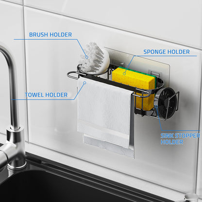 Cisily Kitchen Sink Caddy Sponge Holder in The Sink, Stainless Steel Kitchen Sink Organizer, Brush Holder, Dish Cloth Hanger, Sink Stopper Holder (Suction cup-Black)