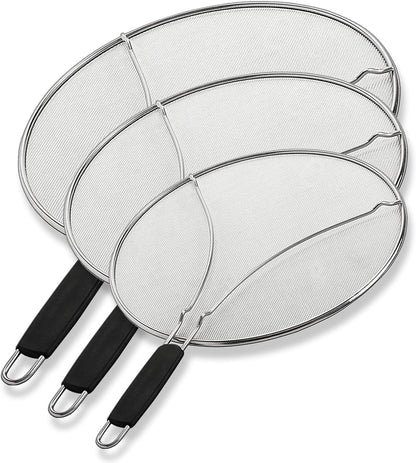 Stainless Steel Grease Splatter Guard, Fine Mesh Cover, Grease & Oil, Splatter Screen for Frying Pan, Cooking Pots, with Comfort Grip Handles (9.5/11.5/13 inches)