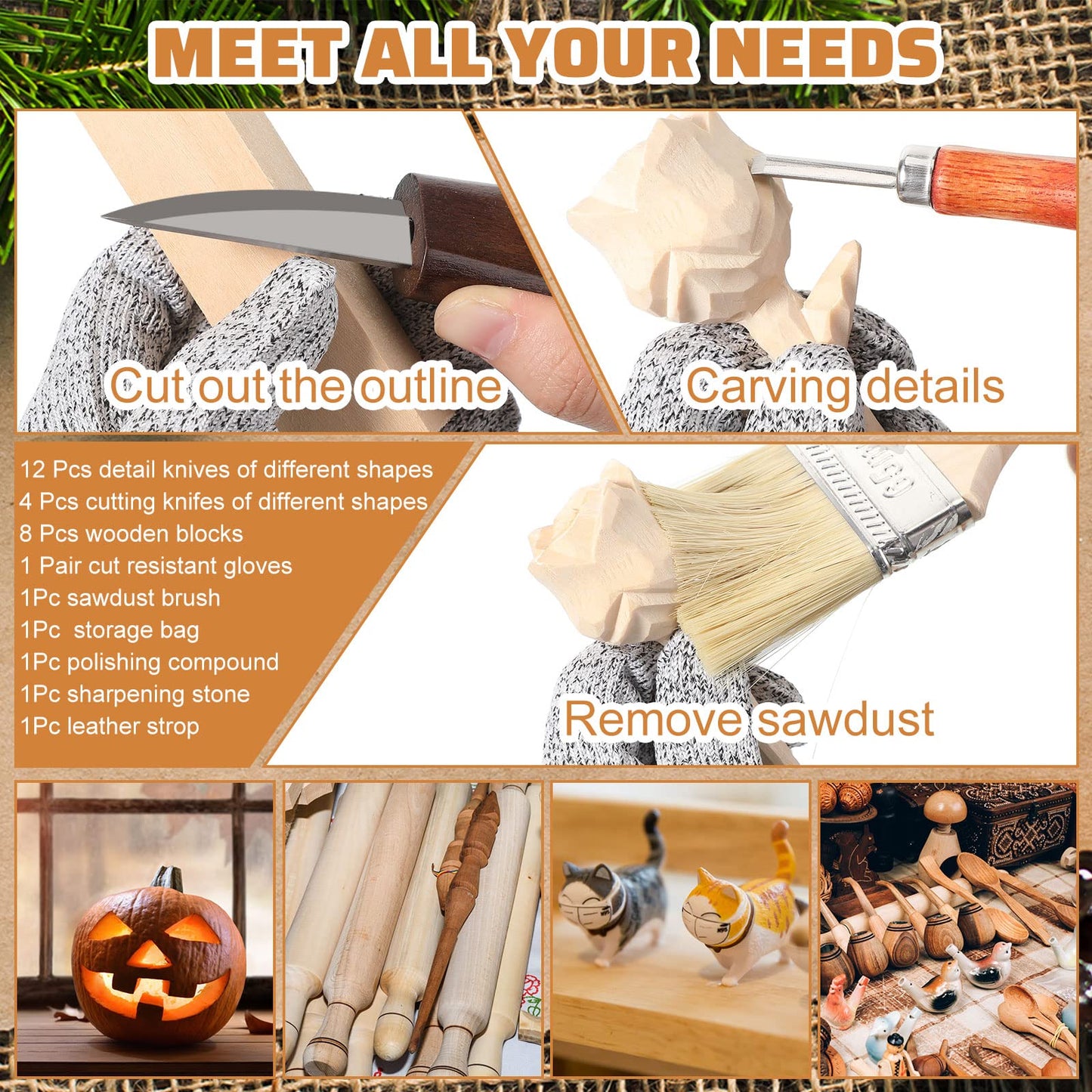 30 Pcs Wood Carving Tools Whittling Kit Include Hand Carving Knife Set Wood Blocks Cut Resistant Gloves Sawdust Brush Sharpening Stone Polishing Wax Sharpening Leather Storage Bag for Beginners