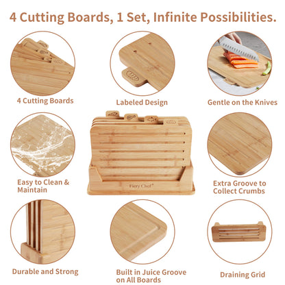 Fiery Chef 14.56"L x 11"W Bamboo Cutting Board Set of 4 - Wood Cutting Board Set with Holder, Chopping Boards Set with Food Icons, Juice Groove - Ideal for Meat, Fish, Bread, Vegetable, Fruit Chopping