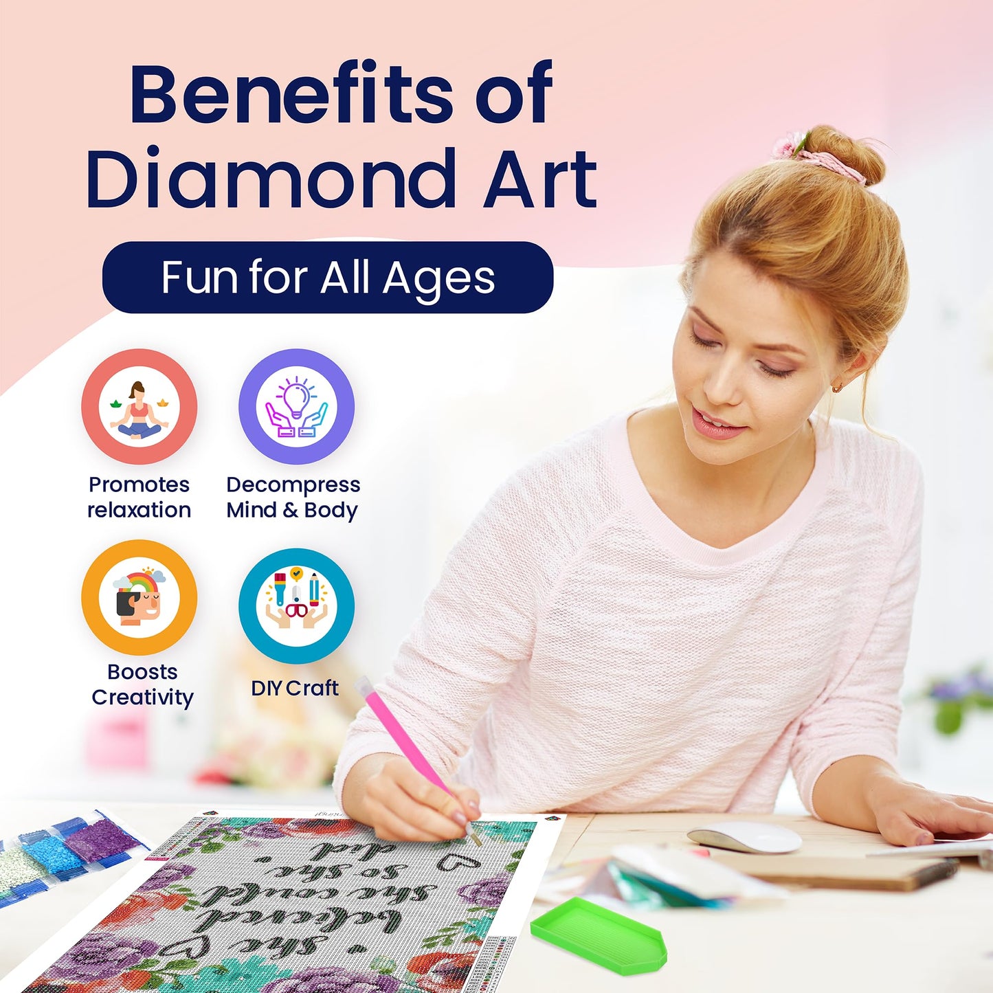 Modern Merch Inspirational Diamond Art for Adults DIY Motivational Quote Wall Art Floral 5D Diamond Painting for Adults, Flowers Cross Stitch Gem Art, Round Drill 12x16