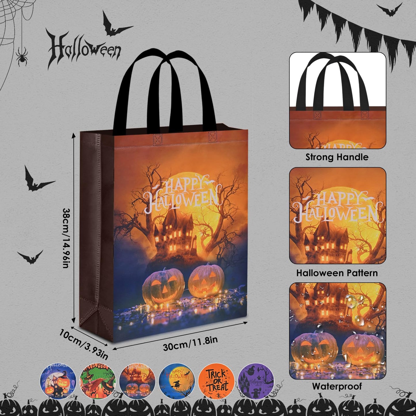 AhfuLife 12 Pcs Halloween Trick or Treat Bags, Large Candy Tote Bags with Handles, Reusable Non-Woven Gift Bag for Halloween Party Supplies Favors (15×11.8×3.9’’)
