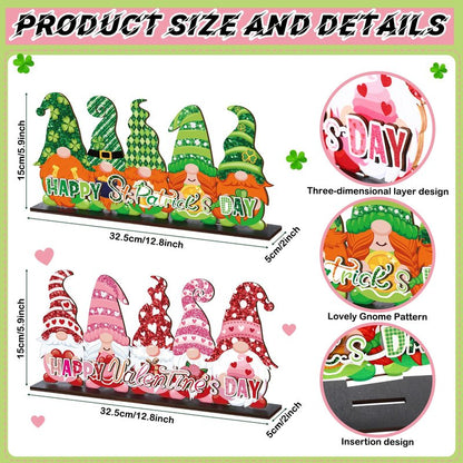 Valentine's Day and St. Patrick's Day Reversible Gnome Wood Signs Double Sided Valentines St. Patrick's Theme Wooden Standing Blocks Decoration Gnome Table Centerpiece for Home(Classic)