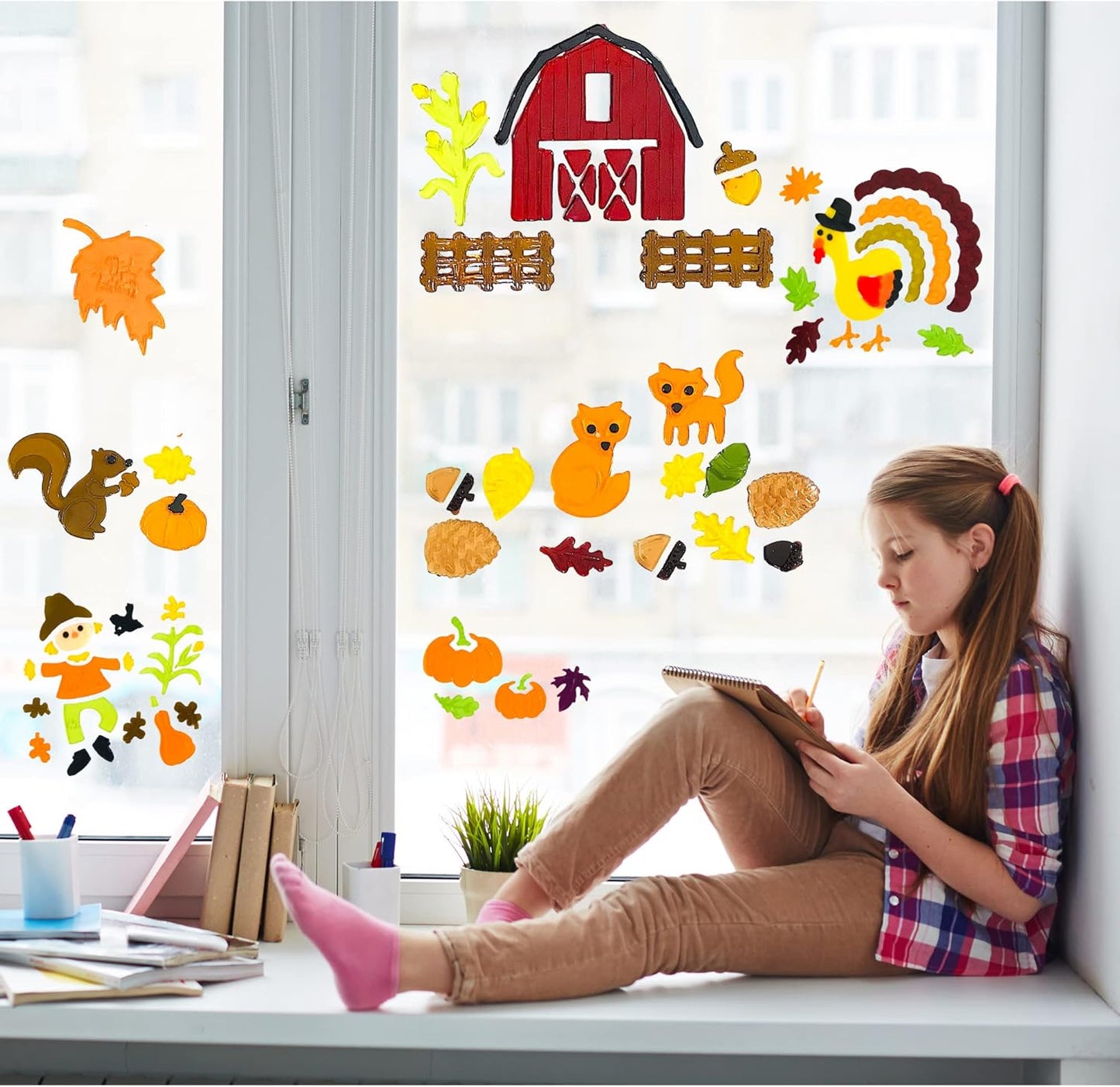 Fall Gel Cling Stickers for Windows and Mirrors, 6 Sheets of Reusable Seasonal Designs