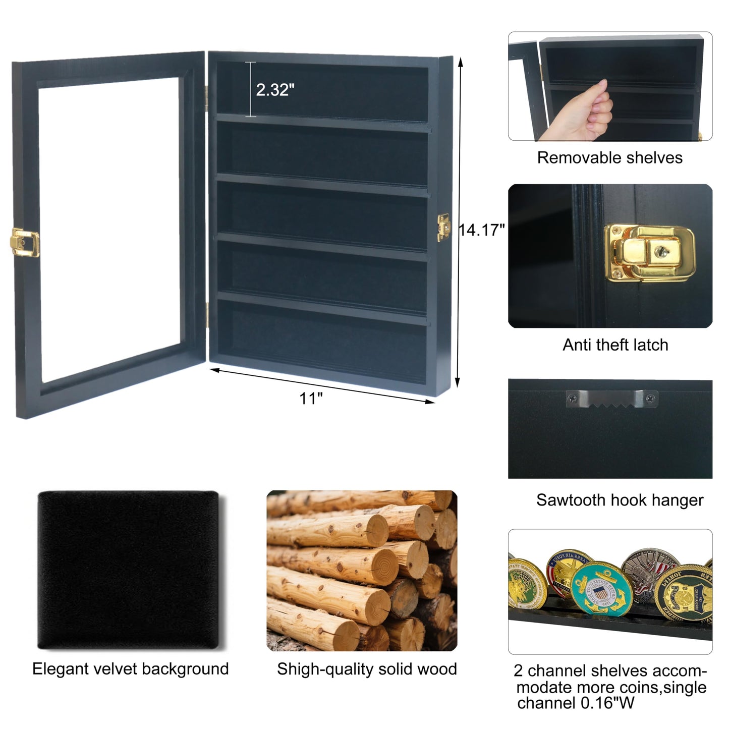 Military Challenge Coin Display Case with Medals Display 11x14IN Shadow Box with HD Toughened Glass, Wall Mount & Removable 2 Grooves Shelves, Coin Holder for Souvenirs, Solid Wood Frame