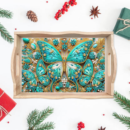 ARTopet DIY Diamond Art Painting Creative Design Handmade Wooden Serving Tray Dinner Plate Partial Diamond Art Breakfast Tray for Coffee Living Room Home Organizer - Green Butterfly