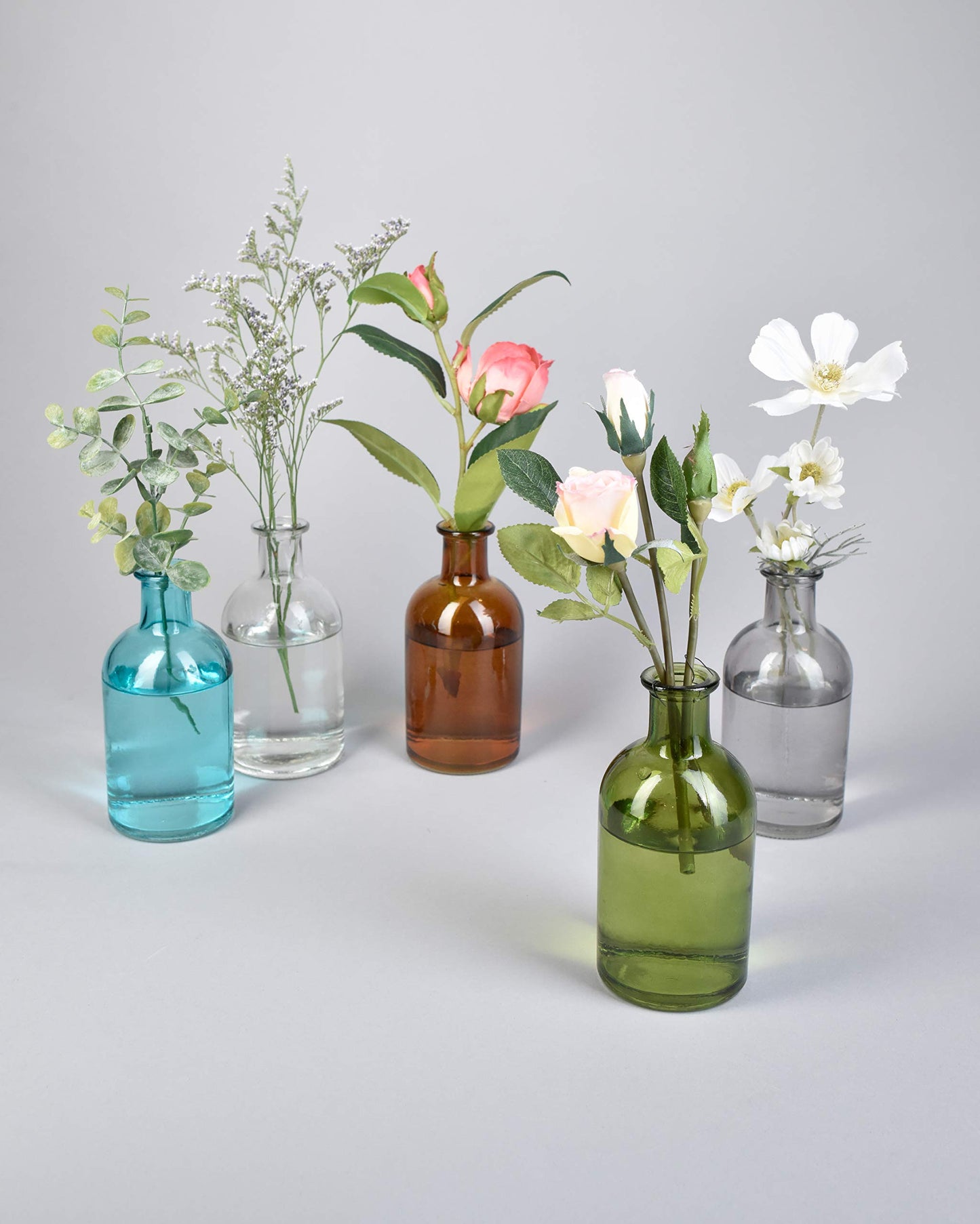 Serene Spaces Living Bud Vases, Apothecary Jars, Decorative Glass Bottles, Centerpiece for Wedding Reception, Mini Flower Vases, Small Medicine Bottles for Home Decor (Dark Green, Set of 6)