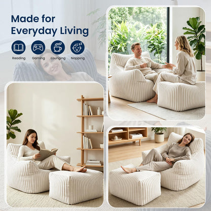 Giant Bean Bag Chair with Footstool for Adults, Fluffy Boneless Lounge Sofa Chair, Superior Large Reading Floor Sofa Bed, Oversized Accent Comfy Couch for Living Room, Bedroom (Beige, with Ottoman)
