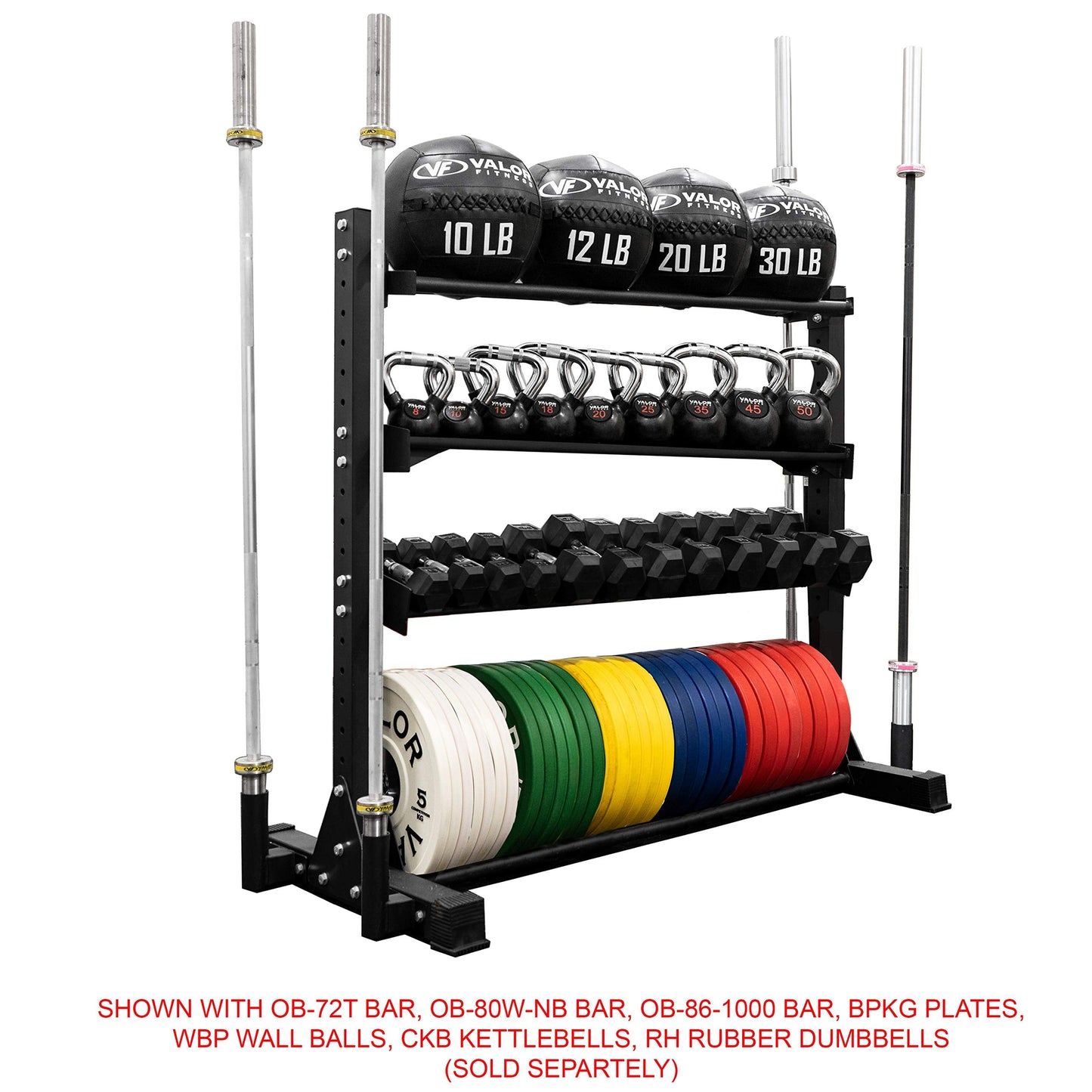 Valor Fitness Heavy Duty 4-Tier Gym Equipment Storage Rack – Organize Kettlebells, Dumbbells, Medicine Balls, Bumper Plates & 4 Barbells, 1200 lb Capacity for Home Gym Sports Equipment Organizer
