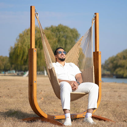 SANIWERKE® Hammock Chair with Stand, Caribbean Hammock Chair and Laminated Wooden Stand Combo, Sturdy Design, 400LBS Capacity, 70x50Inches, Jumbo Haven Lounger for Patio & Porch (Soft Tan)