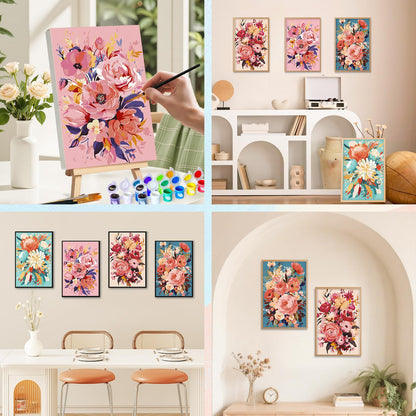 4 Pack Framed Paint by Numbers Kit for Adults with Wooden Easel, Flowers Paint by Numbers with Frame for Beginner, Flowers Adult Paints by Number Kits on Canvas Framed for Wall Decor 8 x 12 Inch