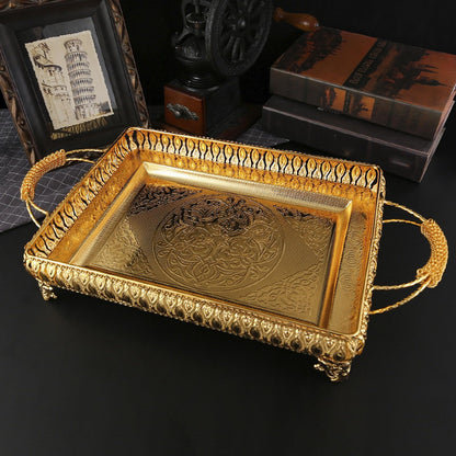 Decorative Serving Tray, Gold European Style Metal Serving Tray with Handles, Coffee Tea Beverage Serving Rectangle Tray, Cake Platter Serving Trays Food Platter Jewelry Tray