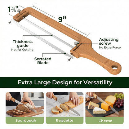 Adjustable Bread Slicer for Homemade Bread-Precision Upgrade Wooden Sourdough Bread Knife with Thickness Guide, Sharp Stainless Serrated Blade, Bread Cutter for Bagels, Baguettes, Gift for Bakers