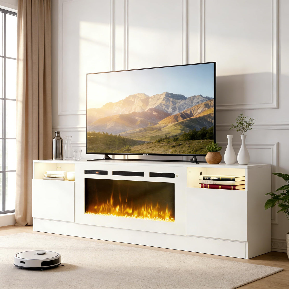 OneBlis 70" Fireplace TV Stand for TVs Up to 80",Entertainment Center with 36” Electric Fireplace and 12 Colors LED Lights,Large TV Console with Storage Cabinet for Living Room,All White