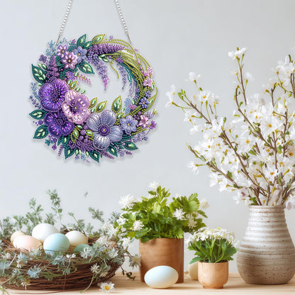 Eiflow Spring Diamond Art Hanging Kit for Adults, DIY Diamonds Painting Door Hanging Board Kit, Special Crystal Diamond Art Painting Pendant Ornament (Flower Wreath)