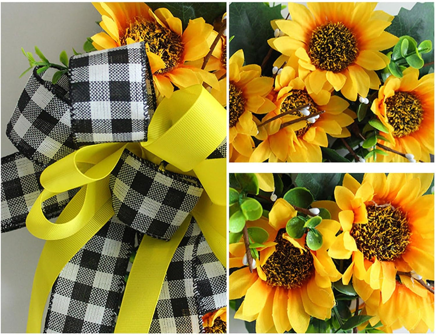 Sunflower Wagon Wheel Wreath for Front Door, Wooden Decor with Sunflower and Bow, 17.7in Spring Wreath