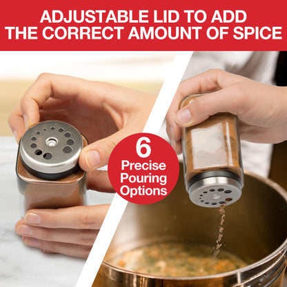 Adjustable Glass Spice Jars (Set of 6) with 6 Pouring Sizes- Stainless Steel Lid/Cap- Square Seasoning Bottle Containers for Minimalist Kitchen Pantry Storage Organization- Fill Shaker w Salt Pepper