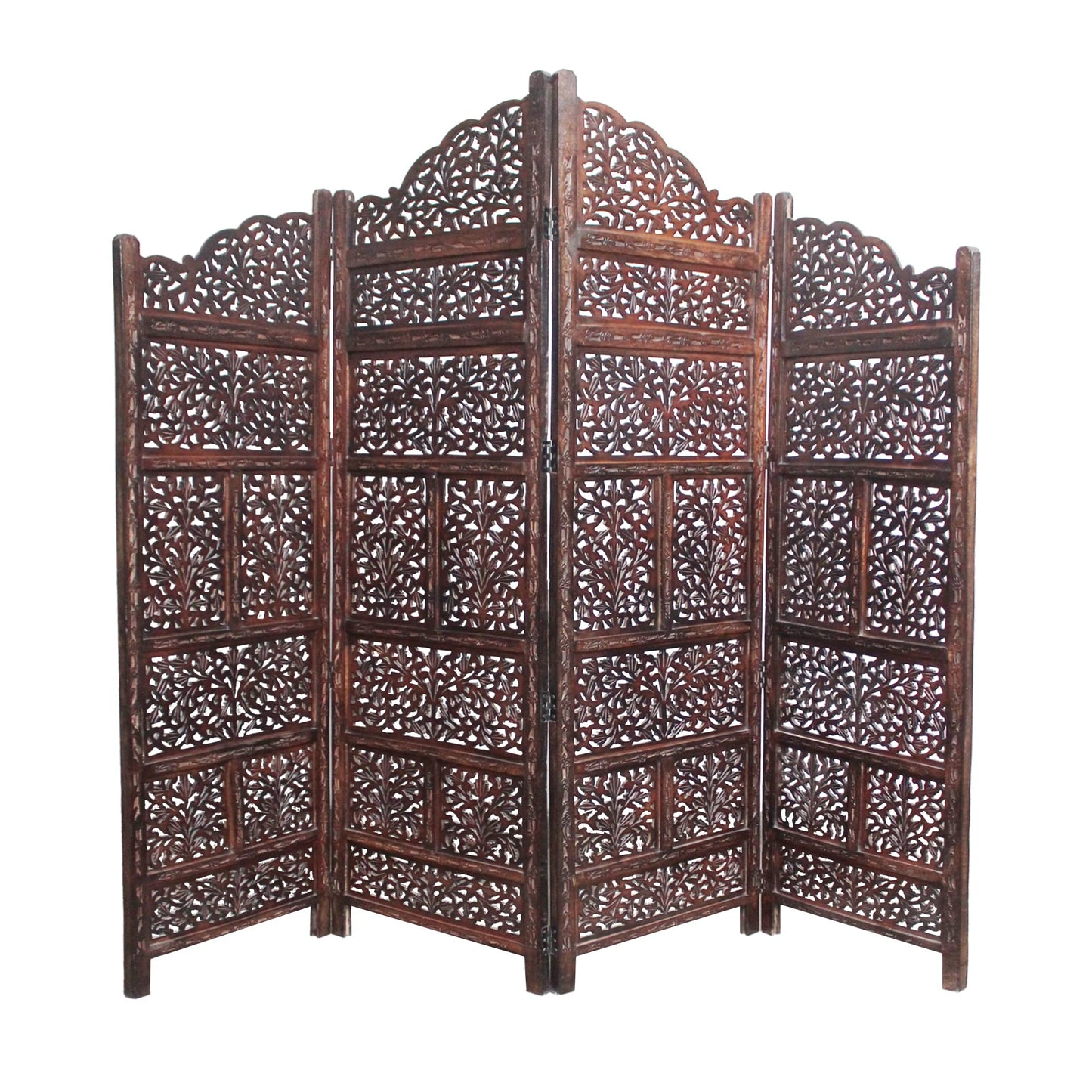 Room Divider Wood Screen - Mahanadi Antique Brown - 4 Panel Folding 72x80 - Wooden Hand Carved Screen Decorative Functional Versatile - Small Spaces Reversible Privacy Partition - COTTON CRAFT