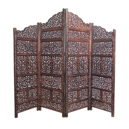 Room Divider Wood Screen - Mahanadi Antique Brown - 4 Panel Folding 72x80 - Wooden Hand Carved Screen Decorative Functional Versatile - Small Spaces Reversible Privacy Partition - COTTON CRAFT
