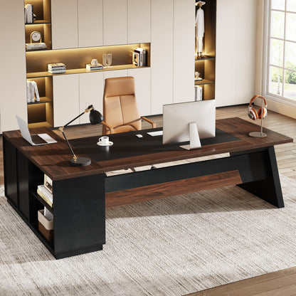 Tribesigns 78" L-Shaped Executive Desk, Large Office Desk with Drawers and File Cabinet, Modern Business Furniture for Home Office (Walnut & Black)