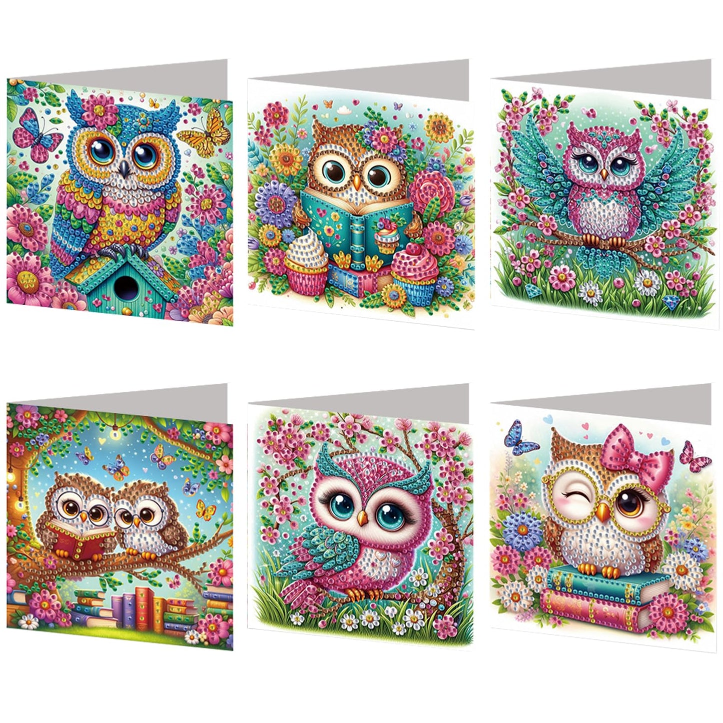 POETRYDRAW 6 Pack 5D DIY Diamond Art Painting Owl Greeting Card Kit, Diamond Birthday Holiday Greeting Card, Art Crafts Kit Creative with Envelope