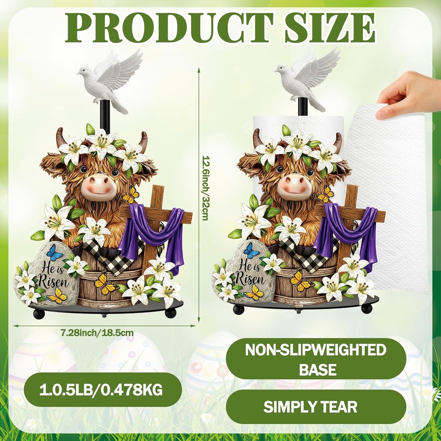 12.6 Inch Countertop Chunful Easter Highland Cow Metal Paper Towel Holder, Tall He is Risen Religious Kitchen Decor