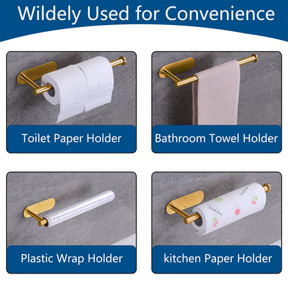 Kinbrace Paper Towel Holder with 2 Hooks-Under Cabinet Paper Towel Holder for Kitchen, Self-Adhesive or Screws, Space Saving Wall Mounted Kitchen Roll Holder, Bathroom, Stainless Steel Brushed Gold