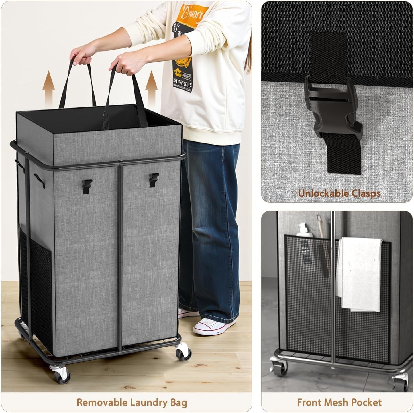 ZATOCL 150L Large Laundry Basket with Wheels, Rolling Laundry Hamper with Removable Laundry Bag & Metal Frame, Oxford