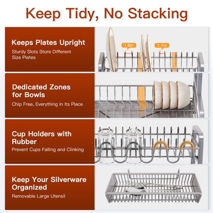2 Tier Dish Drainer Drying Rack for Kitchen Counter, Large Stainless Steel Dishes Dryer with Drainboard, Space Saving, Big Rustproof Metal Modern Countertop Plates Strainer with Utensil Holder, Sliver