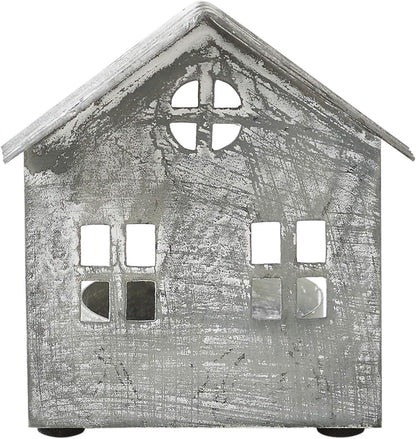 Metal Village House Tealight Holder by [Brand Name] - Antique Grey, 3.25x2.75x2 Inches