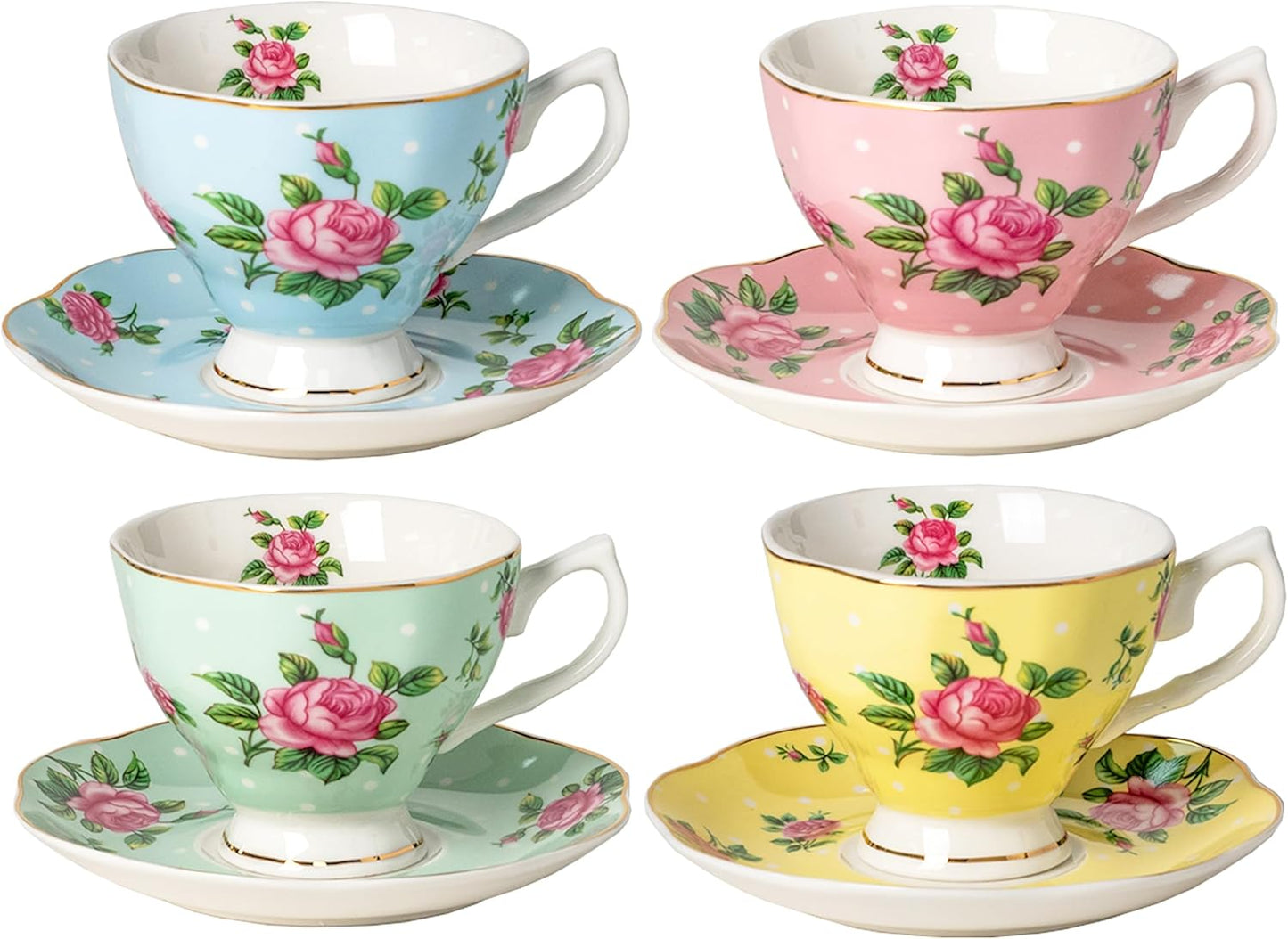 Set 4, 8 oz, Set BTaT- Floral Tea Cups and Saucers, of Fine Porcelain Teacup with Gold Trim for Afternoon Tea