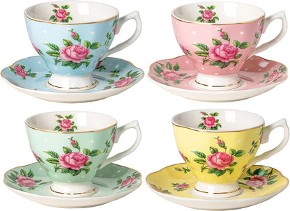 Set 4, 8 oz, Set BTaT- Floral Tea Cups and Saucers, of Fine Porcelain Teacup with Gold Trim for Afternoon Tea