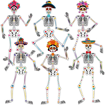 WinnerWhy 6 Pcs 51 Inches Large Halloween Jointed Skeletons Paper Cutout Day of The Dead Jointed Skeletons Hanging Decorations Dia De Los Muertos Party Supplies for Outdoor Mexico Sugar Skull Decor