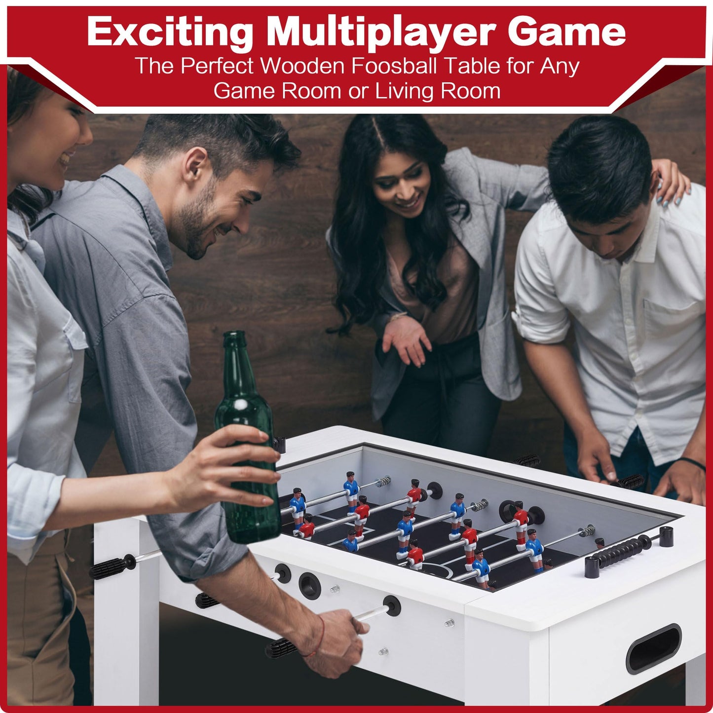 RAYKEEP Foosball Coffee Table, 2-in-1 Soccer Game Table and Coffee Table, Modern Multi Game Table with 2 Balls, Tempered Glass, for Living Room, Family Entertainment Center (White)