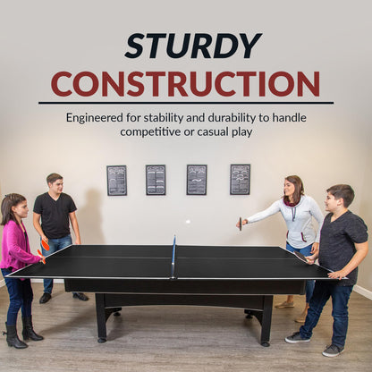 Hathaway 9 ft Quick Set Table Tennis Conversion Top – Regulation Sized, Foldable, Durable Engineered Surface, Protection Pads – Indoor Ping Pong Table Topper for Pool Table w/Net & Posts – Black
