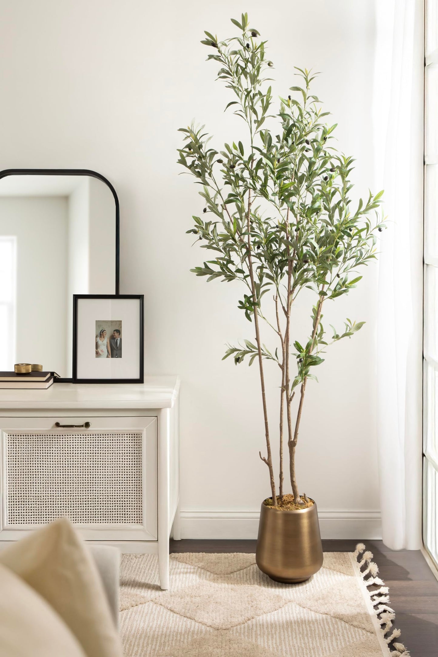 Kate and Laurel Oliveira Faux Olive Tree with Portell Metal Planter Pot, 7 FT, Gold, Potted Artificial Olive Plant Tree with Realistic Foliage and Added Moss, Fake Plant Living Room Decor