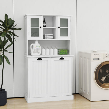 Knocbel Tilt-Out Laundry Sorter with 2 Removable Bags and Adjustable Shelves, Tall Bathroom Floor Cabinet Laundry Hamper (White 59")