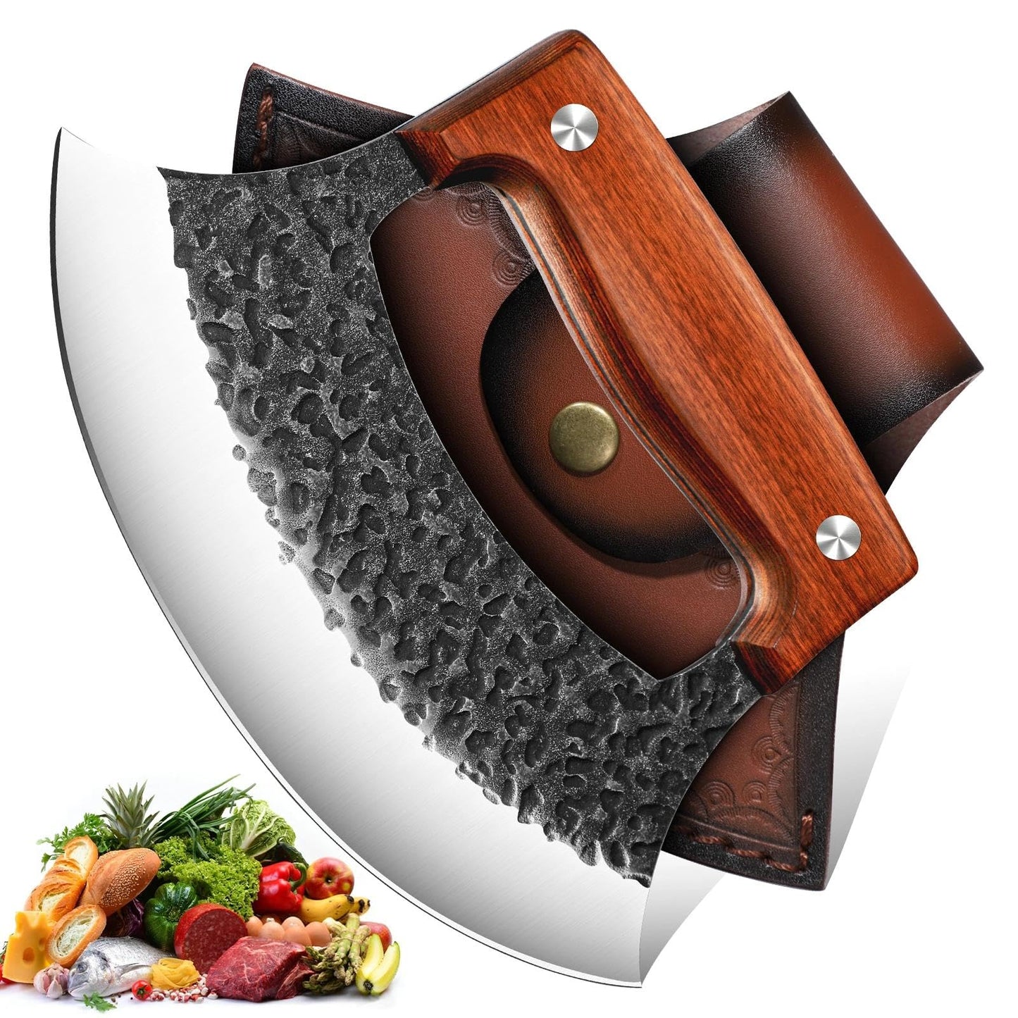 TIVOLI Hand-Forged Ulu Knife – Full Tang High Carbon Steel, Japanese-Inspired with Sheath & Gift Box, Mezzaluna Rocker Knife & Pizza Cutter for Kitchen, Camping&BBQ - Gifts for Mom