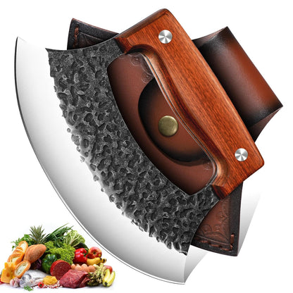 TIVOLI Hand-Forged Ulu Knife – Full Tang High Carbon Steel, Japanese-Inspired with Sheath & Gift Box, Mezzaluna Rocker Knife & Pizza Cutter for Kitchen, Camping&BBQ - Gifts for Mom