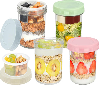 16 oz 4-Pack Xyptorix Overnight Oats Containers with Airtight Lids - Leak-Proof Wide Mouth Mason Jars & Divided Cups