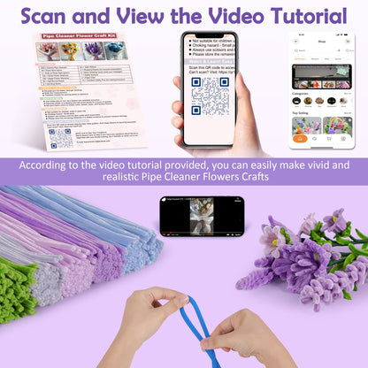 EARLY MINDS 500 Pcs Pipe Cleaners Craft Kit for Flower Making, DIY Bouquet Set with 8mm Chenille Stems, Step-by-Step Tutorial, Floral Wire, Ribbon & Tools for Handmade Gifts and Decor, Purple