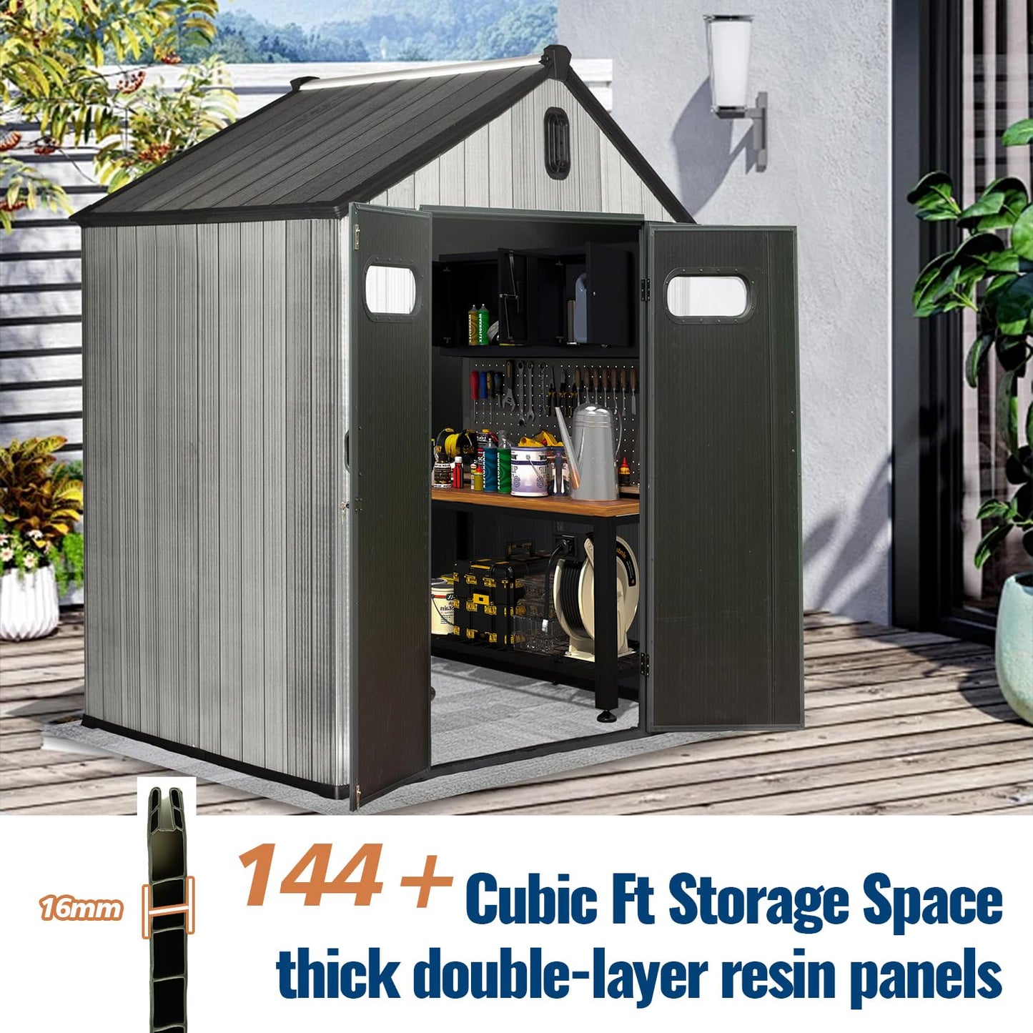 Domi 6x4Ft Resin Outdoor Storage Shed, Small Plastic Garden Shed with Carpet, Outside Weatherproof Storage Building for Tools, Bike, Lawn Mower, Patio, Backyard